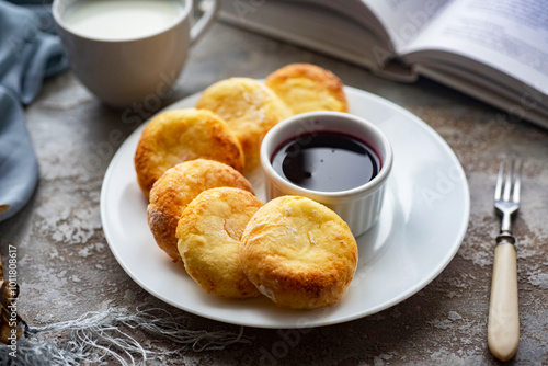 Cottage cheese pancakes on a white plate with chocolate topping on a gray background. Delicious breakfast: cheese cakes made from cottage cheese. Close-up.