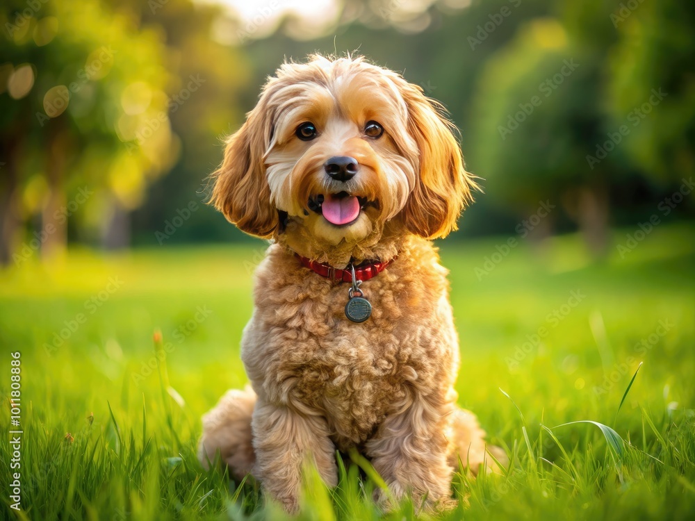 Adorable Cocker Poodle Mix Sitting on a Grass Field with a Playful Expression and Bright Eyes Adorable Cocker Poodle Mix Sitting on a Grass Field with a Playful Expression and Bright Eyes