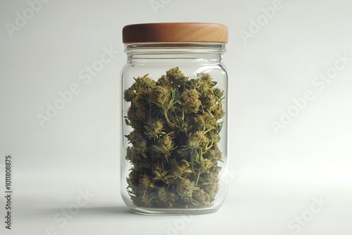 White backdrop with jar of cannabis buds. Generative Ai