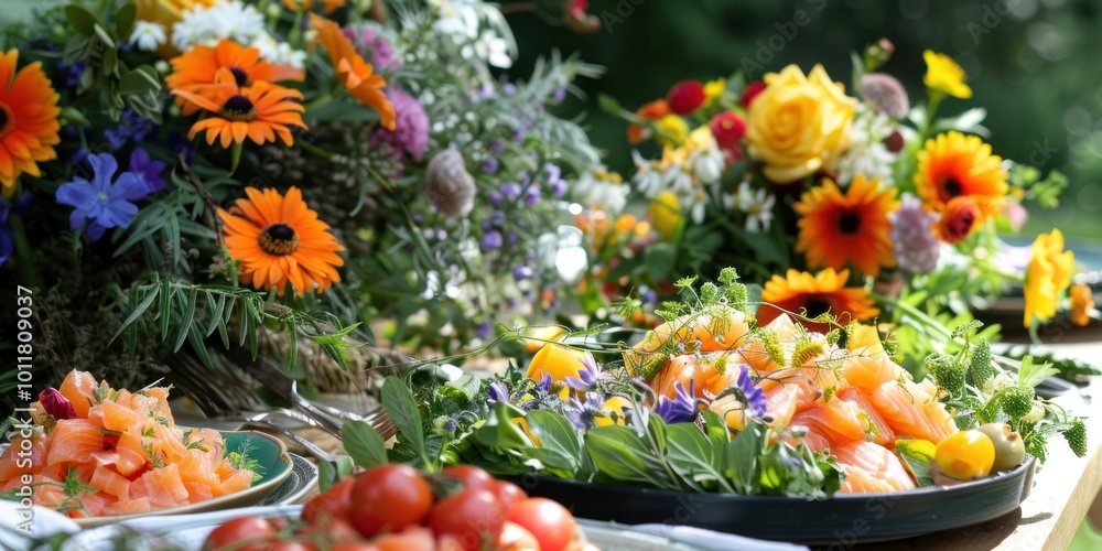 Fototapeta premium Vibrant floral arrangement on a table with colorful flowers and fresh ingredients. Outdoor garden party setup.