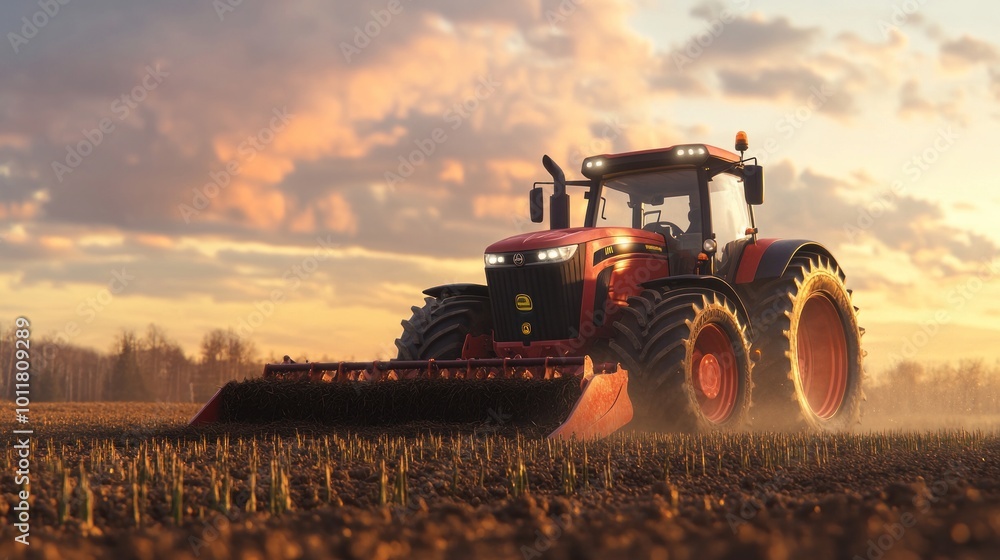 Fototapeta premium A tractor working in a field during sunset, highlighting agricultural activity.
