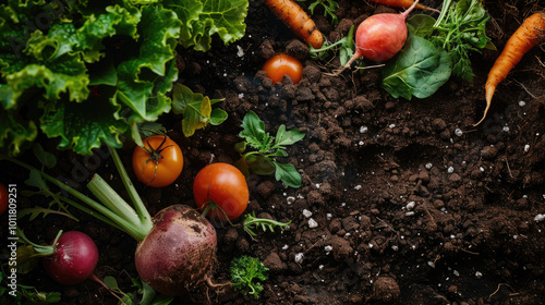 Fresh Organic Vegetables in Garden Soil with Carrots, Tomatoes, and Beets for Farm-to-Table Concept