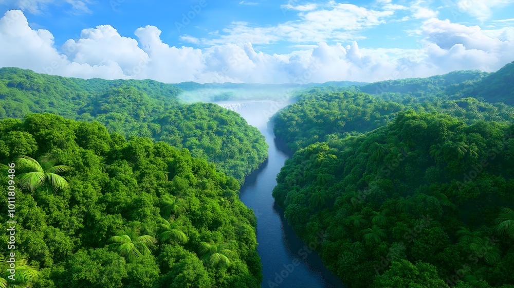 Obraz premium Aerial View of Lush Tropical Rainforest with Rivers and Waterfalls