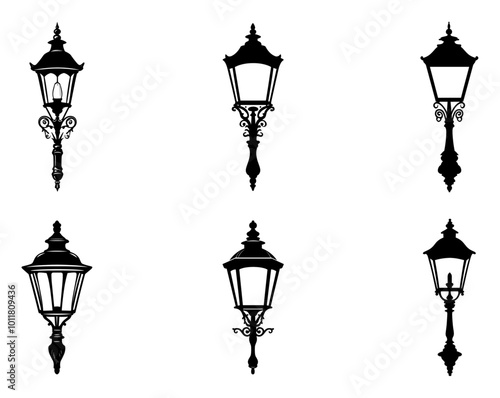 street light lamps and spotlights flat and line icon set. Old and modern street lamp black silhouette city vintage glowing in darkness road in dusk vector collection isolated on transparent background