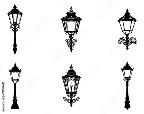 street light lamps and spotlights flat and line icon set. Old and modern street lamp black silhouette city vintage glowing in darkness road in dusk vector collection isolated on transparent background