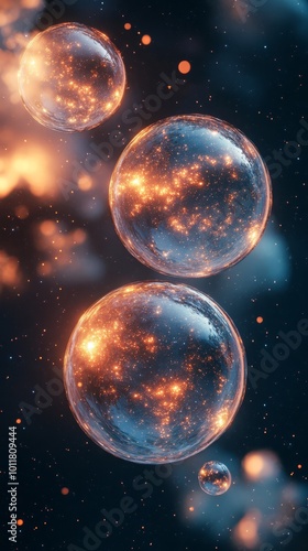 Cosmic metal buttons floating in a starry night sky surrounded by glowing celestial elements