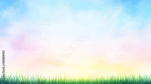 A serene landscape featuring grass and a beautiful pastel sky at dawn, perfect for nature and tranquility themes.