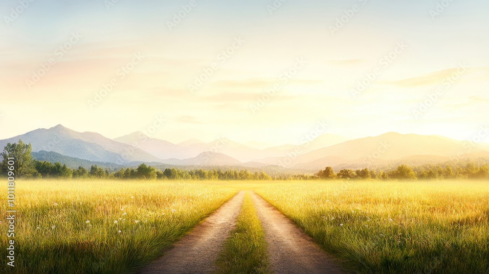 Fototapeta premium A tranquil landscape showcasing a dirt road through a golden field, framed by serene mountains under a warm sunset.