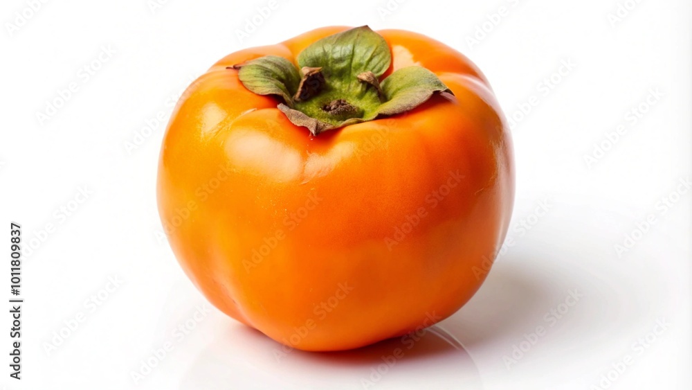 A single ripe persimmon fruit with green leaves on top, isolated on a white background. A single ripe persimmon fruit with green leaves on top, isolated on a white background.