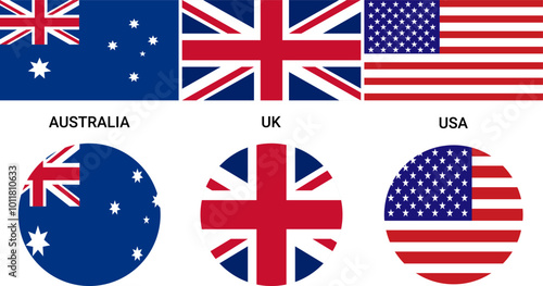 Australia, USA and UK flag icons with AUKUS banner vector illustration.