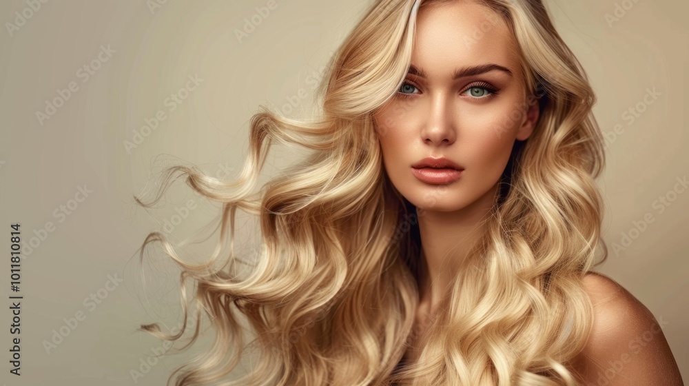 A blonde woman with long hair is standing in front of a white background A blonde woman with long hair is standing in front of a white background