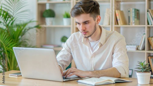 Young male professional minimalist office research document brainstorm notes
