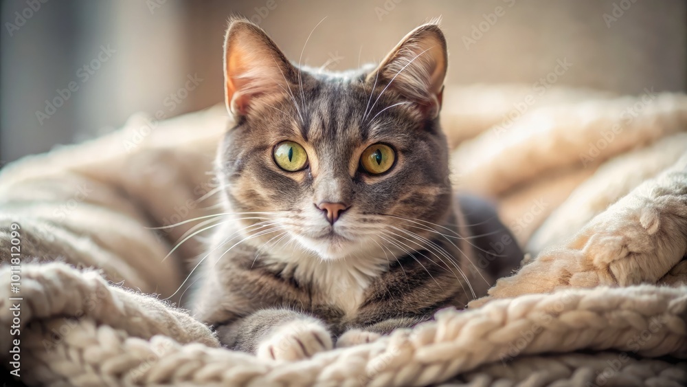 Adorable Gray Cat with White Paws Relaxing on a Cozy Blanket in a Soft Natural Light Setting Adorable Gray Cat with White Paws Relaxing on a Cozy Blanket in a Soft Natural Light Setting
