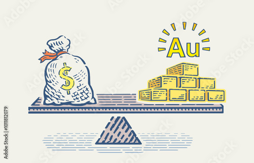 Scales drawn in graphic style, with a bag of money on one side and gold bars on the other side, as a symbol of market relations in economics. Vector illustration.