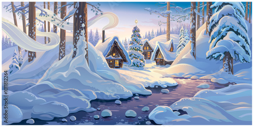Winter fairy tale landscape, with houses and festive christmas fir tree, in a winter snowy forest. Vector illustration.