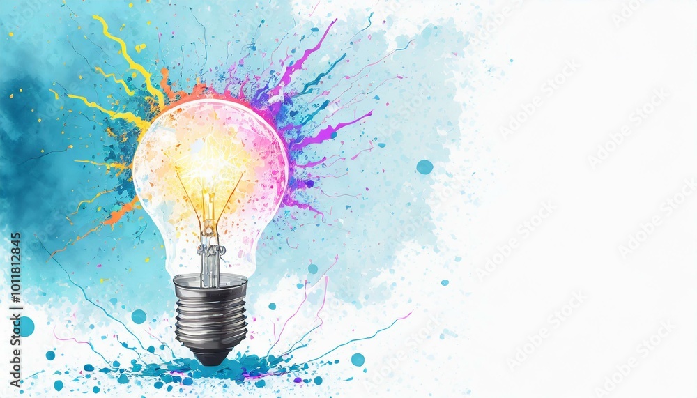 Lightbulb emitting splashes of colour on blue background Lightbulb emitting splashes of colour on blue background