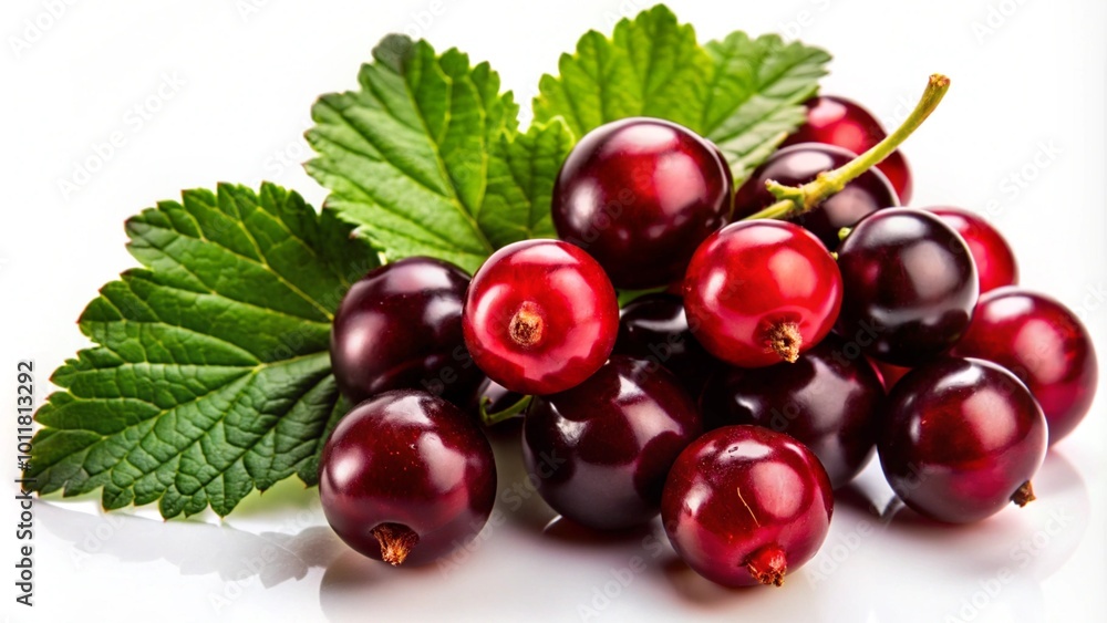 Fresh red currants with leaves on a white background. Fresh red currants with leaves on a white background.
