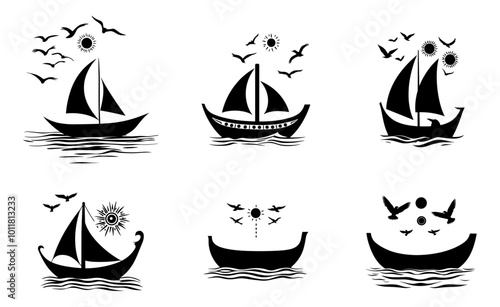Wooden boat with sail stencil icon, vector illustration on white background.
