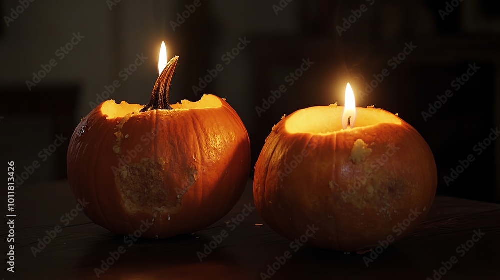 Glowing Halloween Jack-o'-Lanterns with Candlelight, Spooky Autumn Night Scene Glowing Halloween Jack-o'-Lanterns with Candlelight, Spooky Autumn Night Scene