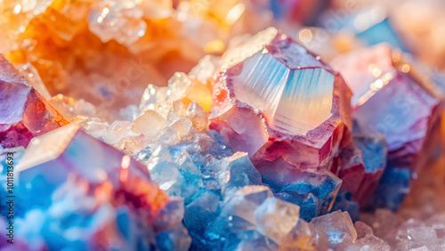 High-resolution macro photography of colorful crystals with the intricate details. ideal for actistic covers or wallpapers, decorative background in art projects and luxury product advertisements. photo