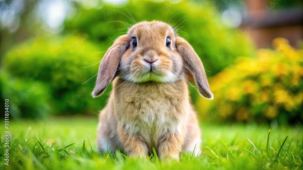 Adorable Lop Eared Rabbit Sitting Gracefully on Soft Grass in a Peaceful Garden Setting Adorable Lop Eared Rabbit Sitting Gracefully on Soft Grass in a Peaceful Garden Setting