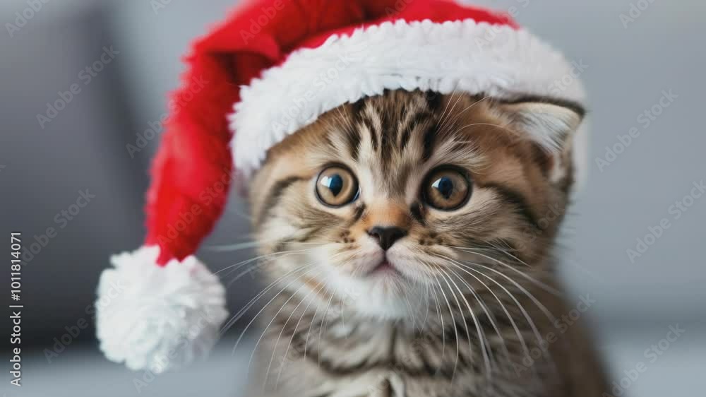 Cute kitten in a Santa hat with striking blue eyes poses against a festive Christmas background. Cute kitten in a Santa hat with striking blue eyes poses against a festive Christmas background.