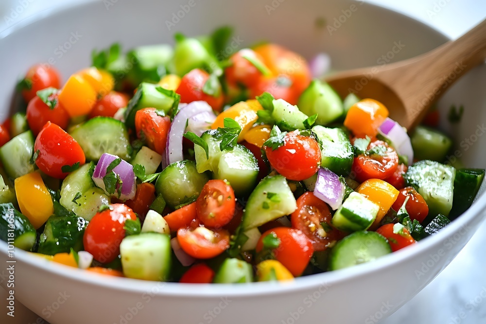 Fresh vegetable salad with cucumbers, tomatoes, and onions in a bowl Fresh vegetable salad with cucumbers, tomatoes, and onions in a bowl