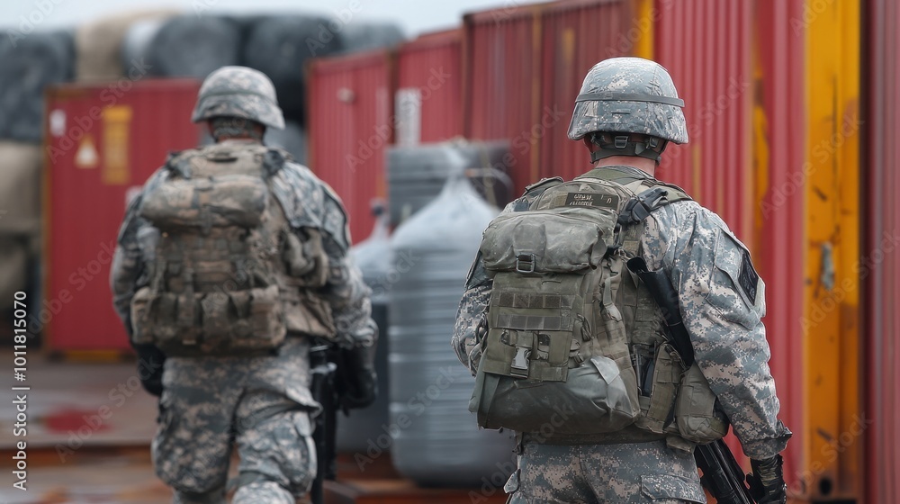 Soldiers in Military Gear Walking Through Container Yard Soldiers in Military Gear Walking Through Container Yard