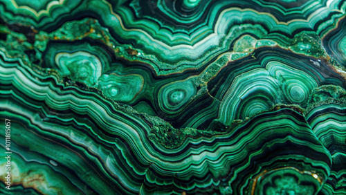 Detailed close-up of vibrant malachite texture. Ideal for home decor, wallpaper design, fashion textiles, and artistic backgrounds.