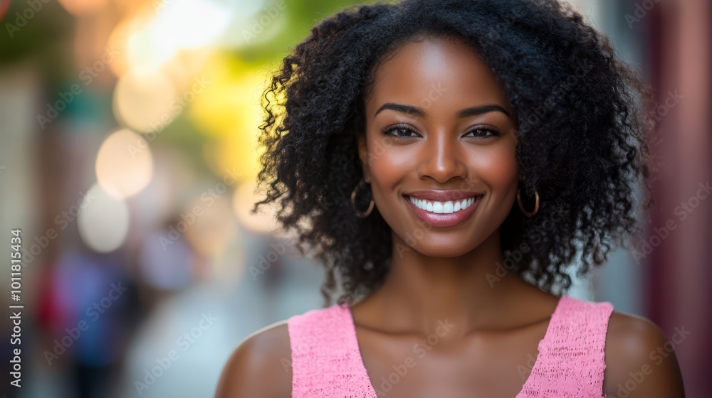 Fototapeta premium A joyful black woman student in a pink dress smiles brightly on a sunlit street surrounded by greenery and urban ambiance
