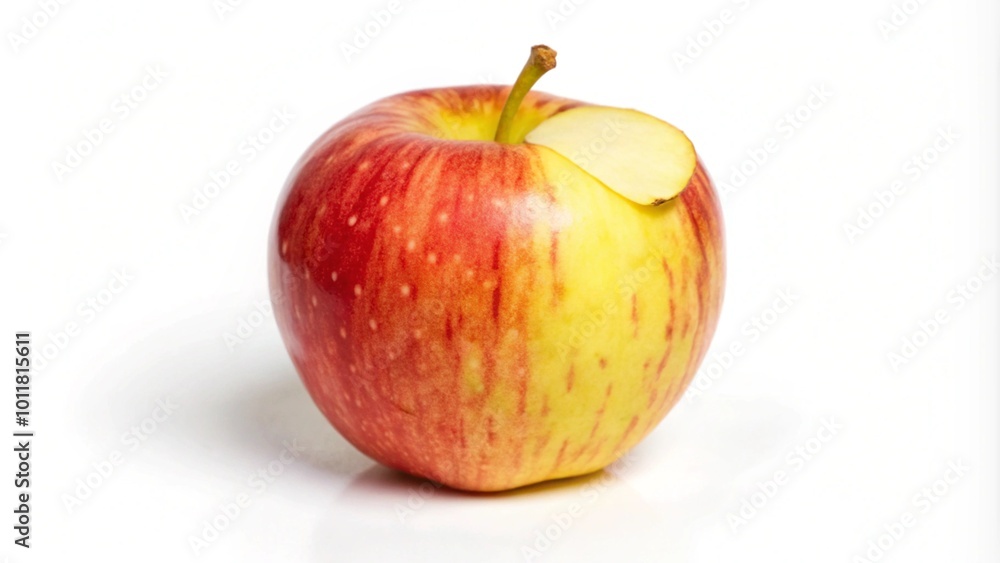 A red and yellow apple with a bite taken out of it, isolated on a white background. A red and yellow apple with a bite taken out of it, isolated on a white background.