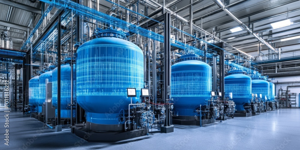 Water Treatment Facilities: Create an image of a modern water treatment plant with large tanks and machinery, highlighting the process of providing clean water. Water Treatment Facilities: Create an image of a modern water treatment plant with large tanks and machinery, highlighting the process of providing clean water.