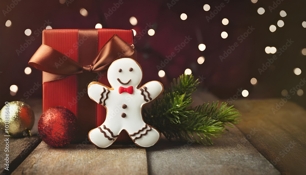 Fototapeta premium Christmas gingerbread man cookie and Christmas gift on wooden background