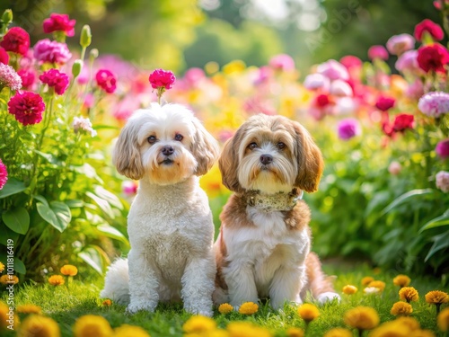 Adorable poodle and shih tzu dogs sitting together in a sunny garden with vibrant flowers around photo