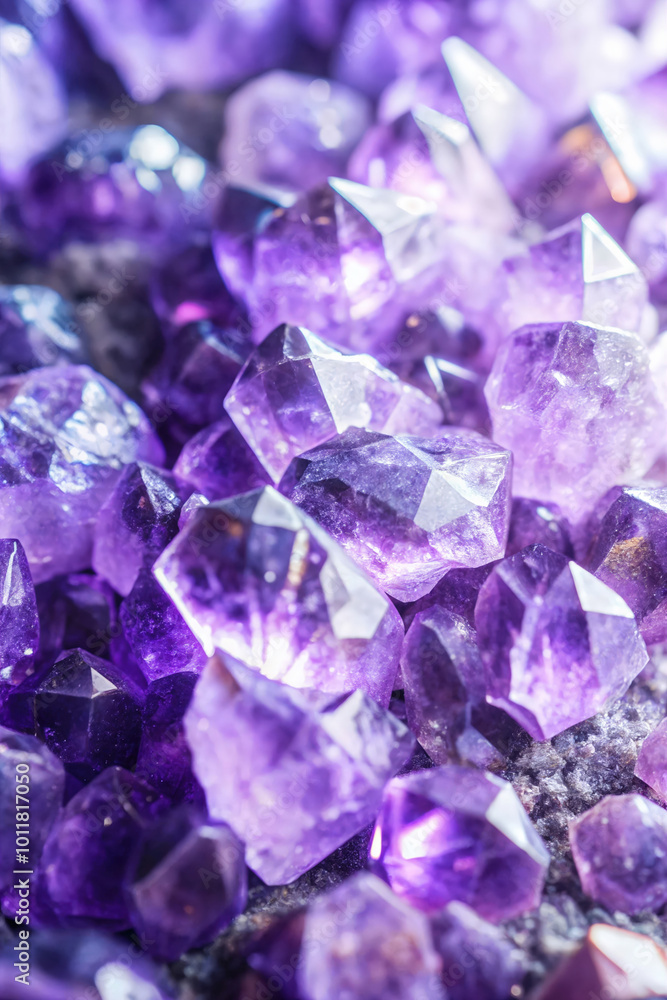 A detailed macro shot of shining amethyst crystals. Ideal for use in jewelry design showcases, high-end product backgrounds, and decorative wall art. A detailed macro shot of shining amethyst crystals. Ideal for use in jewelry design showcases, high-end product backgrounds, and decorative wall art.