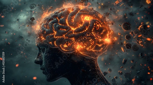 A brain being crushed by glowing gears of stress, with burnout tightening its hold as the energy fades.