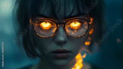 A person with glowing embers for eyes, staring blankly as burnout erases their energy and emotion.