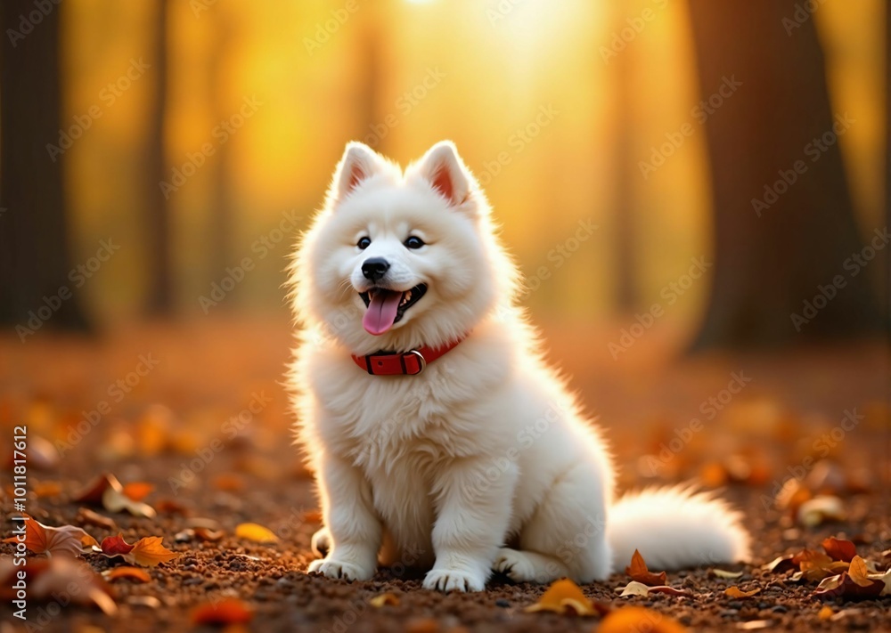 Fototapeta premium Fluffy White Puppy in an Autumn Forest Samoyed puppy