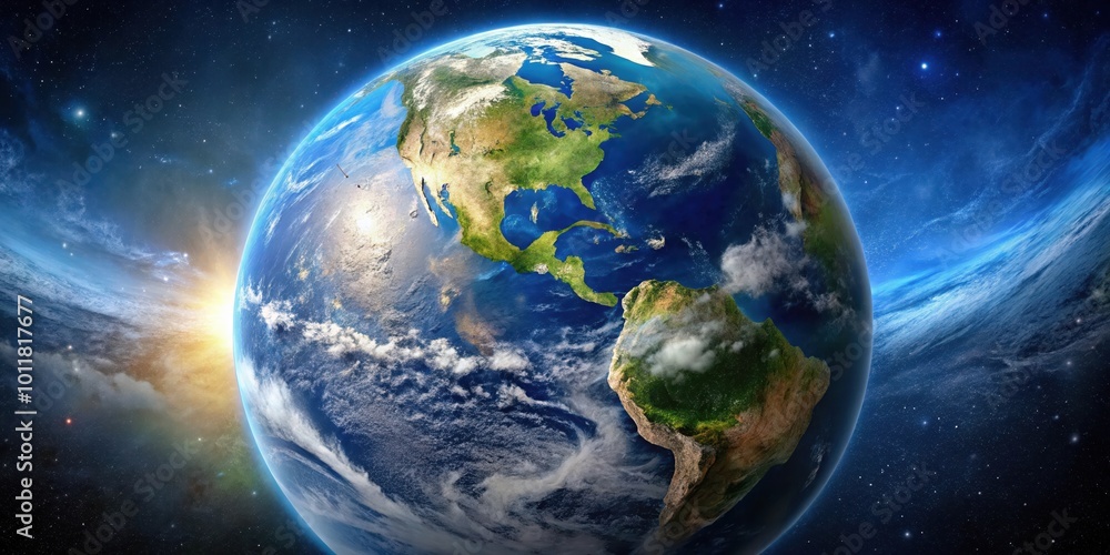 Obraz premium A celestial view of Earth with a focus on North and South America, showcasing the intricate details of landmasses, oceans, and cloud formations.