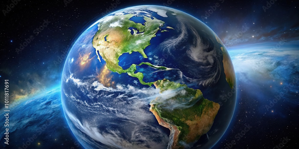 Obraz premium A celestial view of Earth, showcasing the intricate details of the continents and the swirling patterns of clouds, with a backdrop of glittering stars and a luminous halo