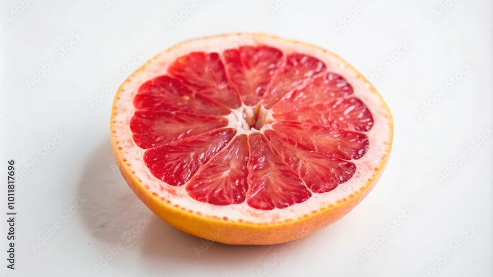 A halved grapefruit with juicy red flesh and a white background. A halved grapefruit with juicy red flesh and a white background.