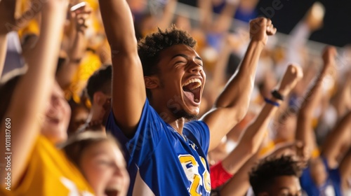  lively crowd cheering in the bleachers during a sports game.