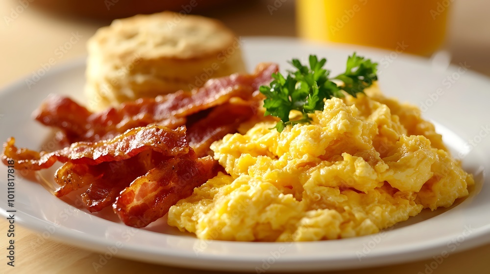 Classic breakfast plate with crispy bacon, scrambled eggs, and a biscuit Classic breakfast plate with crispy bacon, scrambled eggs, and a biscuit