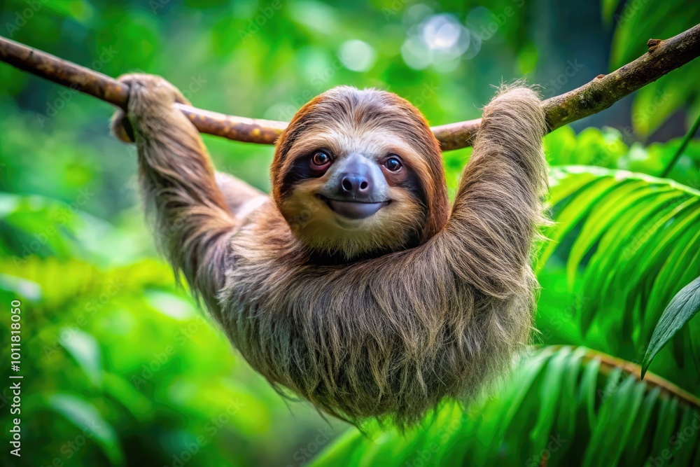 Adorable sloth hanging lazily from a tree branch in a lush green rainforest environment Adorable sloth hanging lazily from a tree branch in a lush green rainforest environment