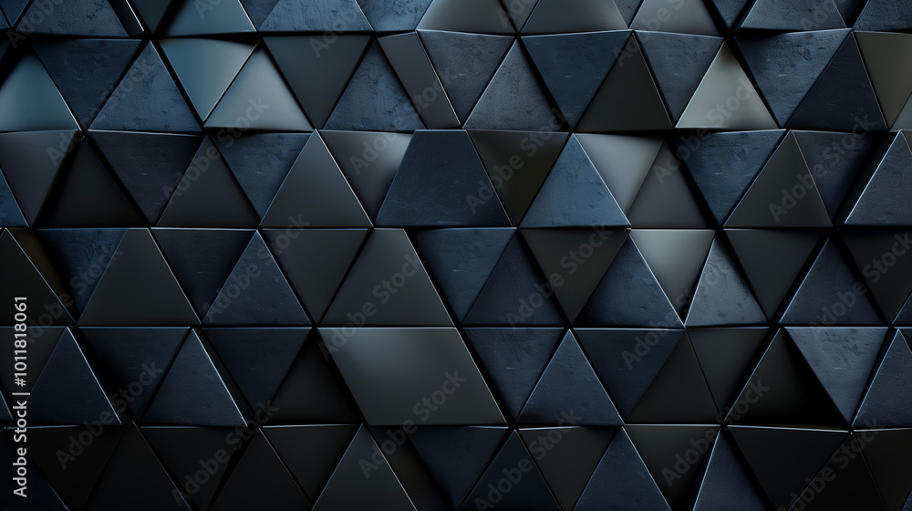 Semigloss, polished wall with triangular tiles forming 3D black block patterns. Stylish geometric wallpaper, rendering detailed textures and depth. Semigloss, polished wall with triangular tiles forming 3D black block patterns. Stylish geometric wallpaper, rendering detailed textures and depth.