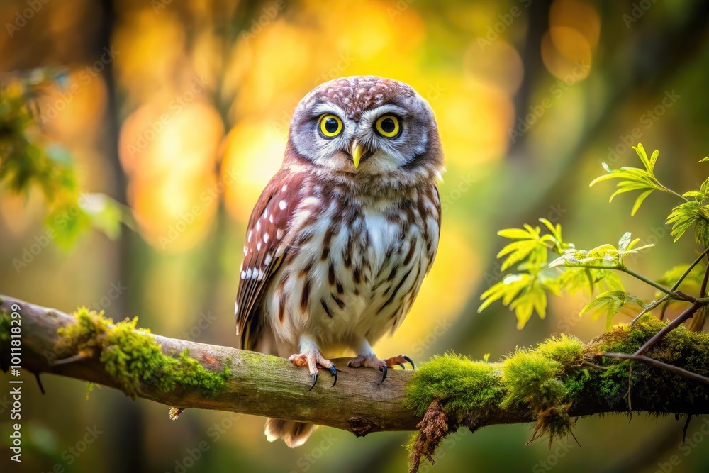 Adorable Small Owl Perched on a Branch Surrounded by Nature in a Beautiful Forest Setting Adorable Small Owl Perched on a Branch Surrounded by Nature in a Beautiful Forest Setting
