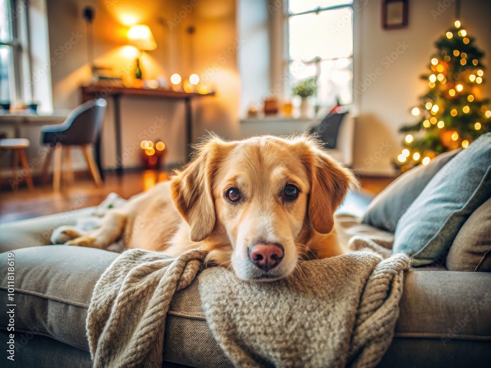 Adorable sweet dog resting peacefully on a cozy blanket in a warm and inviting living room setting Adorable sweet dog resting peacefully on a cozy blanket in a warm and inviting living room setting