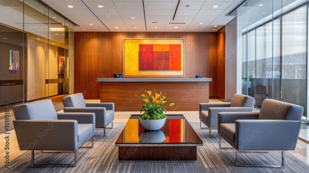 Fototapeta premium modern corporate office background for interviews, featuring glass walls, contemporary furniture, and artwork
