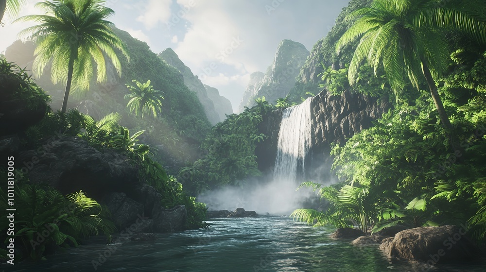 Majestic Cascading Waterfall Winding Through Lush Green Mountains Majestic Cascading Waterfall Winding Through Lush Green Mountains
