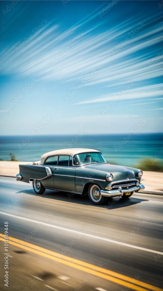 Obraz premium Vintage car going in a high way next to the ocean